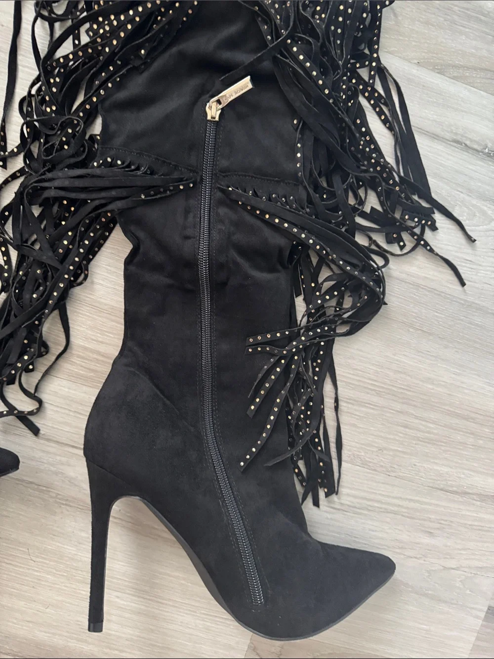 Cape Robbin Black Fringe Over-the-Knee Stiletto Boots with Gold Studs